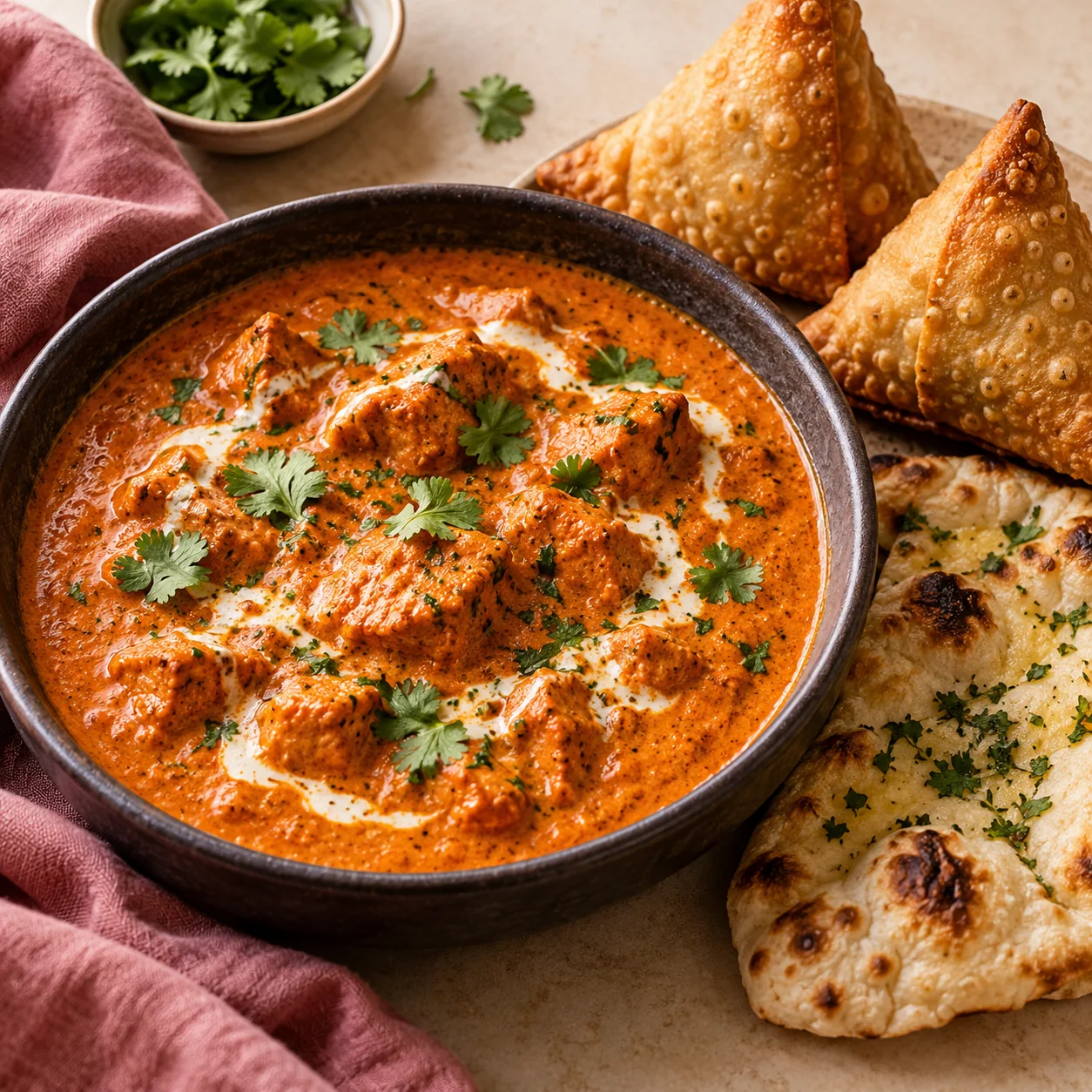 Illustration af indisk curry med sprøde samosaer og naan